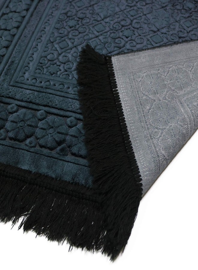 Modefa Velvet Prayer Rug - Soft Plush Turkish Janamaz Sajada Carpet for Men and Women - Plain Solid Prayer Mat Ramadan Eid Gift - with Prayer Beads - Luxury Floral Stamp (Black) - Image 4